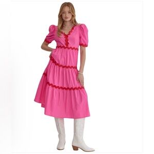 Fairly Fancy.  NWOT.  Pink and Red Scalloped Midi Dress.